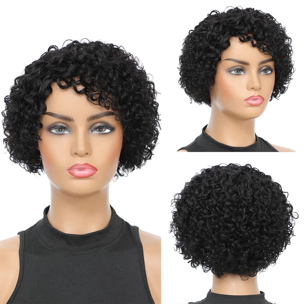Yamzig Black Short Curly Wig,100% Human Hair Wigs for Black Women,8 inch Curly Wave Side Part Wigs Pixie Cut Brazilian Remy Hair for Daily Use