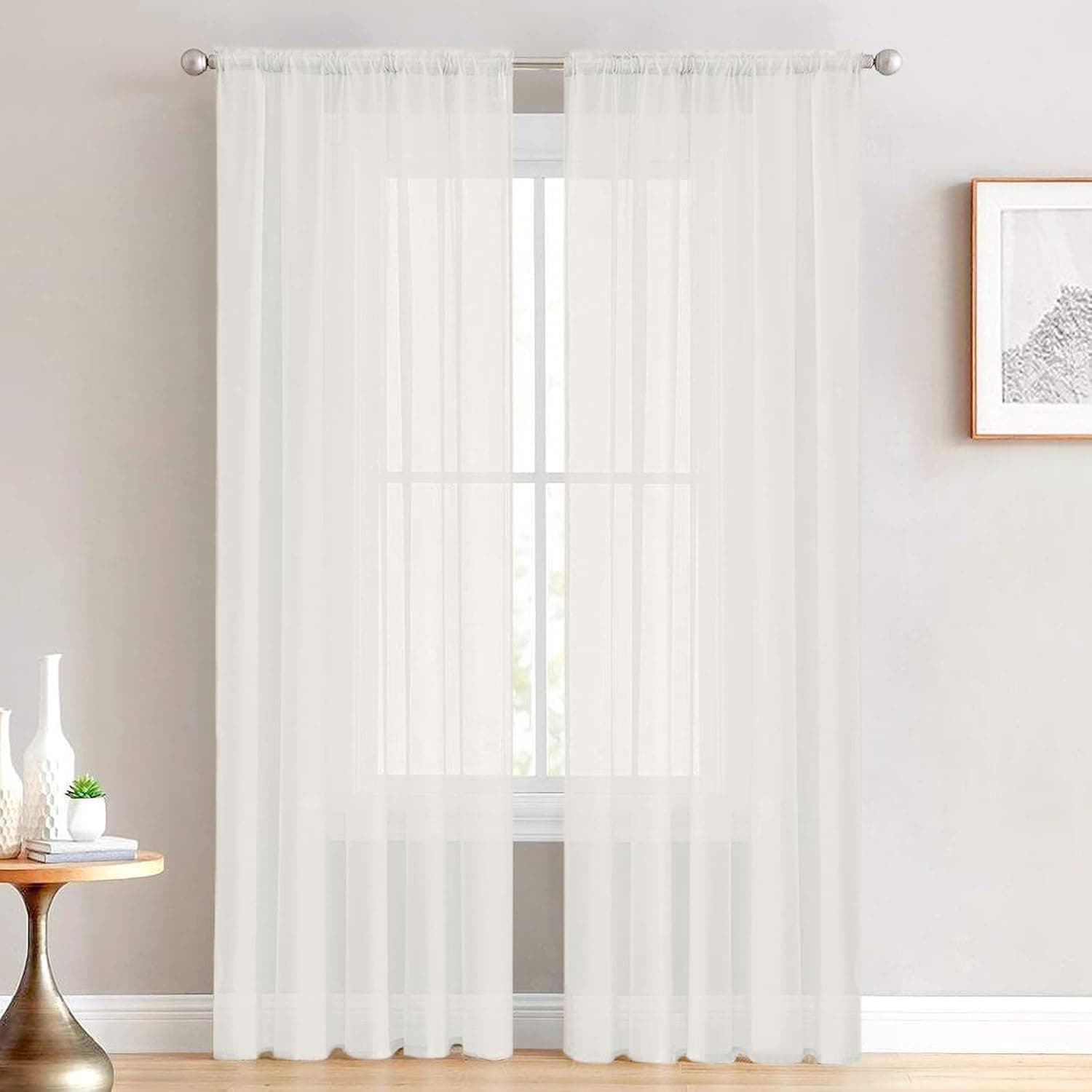 MYSKY HOME Sheer Voile Curtains for Bedroom, Rod Pocket Light Filtering Window Sheer Curtains for Living Room, 2 Panels, 52 x 84 inch, Beige