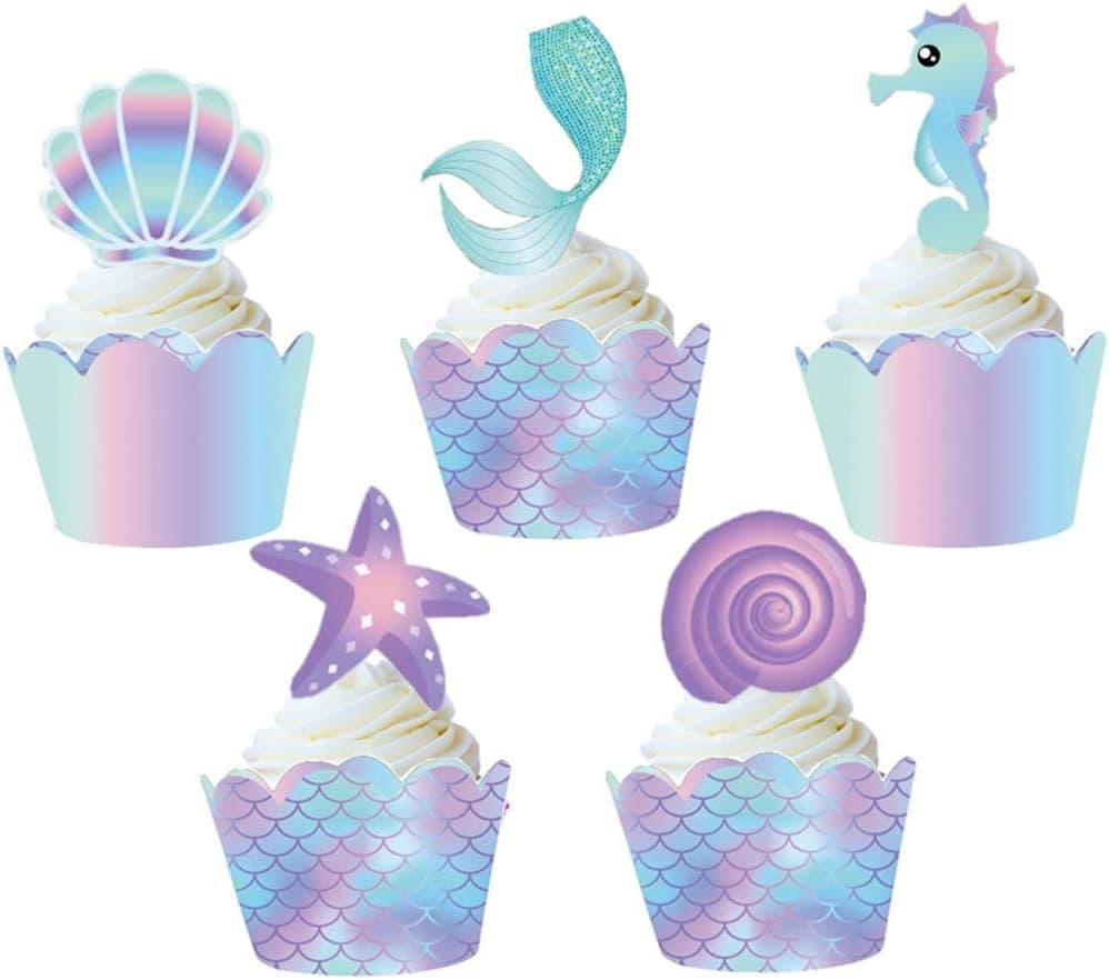 Mermaid Cupcake Toppers and Wrappers Decoration for Baby Shower Birthday Party Favor Bag Holder, Seahorse and Starfish, Mermaid Tail Food Picks