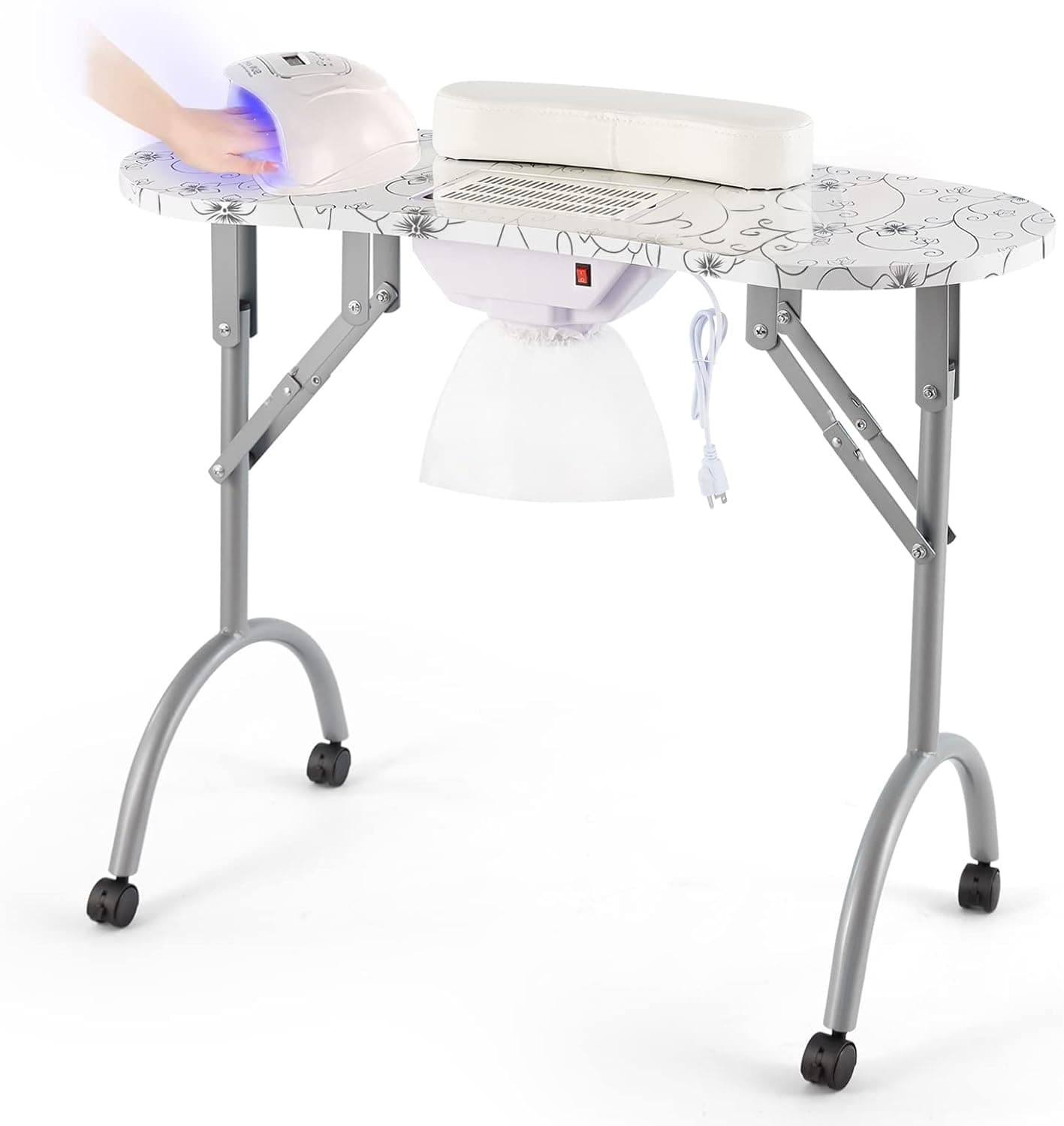 Artist hand Nail Table with LED Nail Dryer lamp, Manicure Table, Portable Nail Desk, Folding Manicure Nail Table Station with Electric Dust Collector, Wrist Cushion, Storage Bag, LED lamp (White)