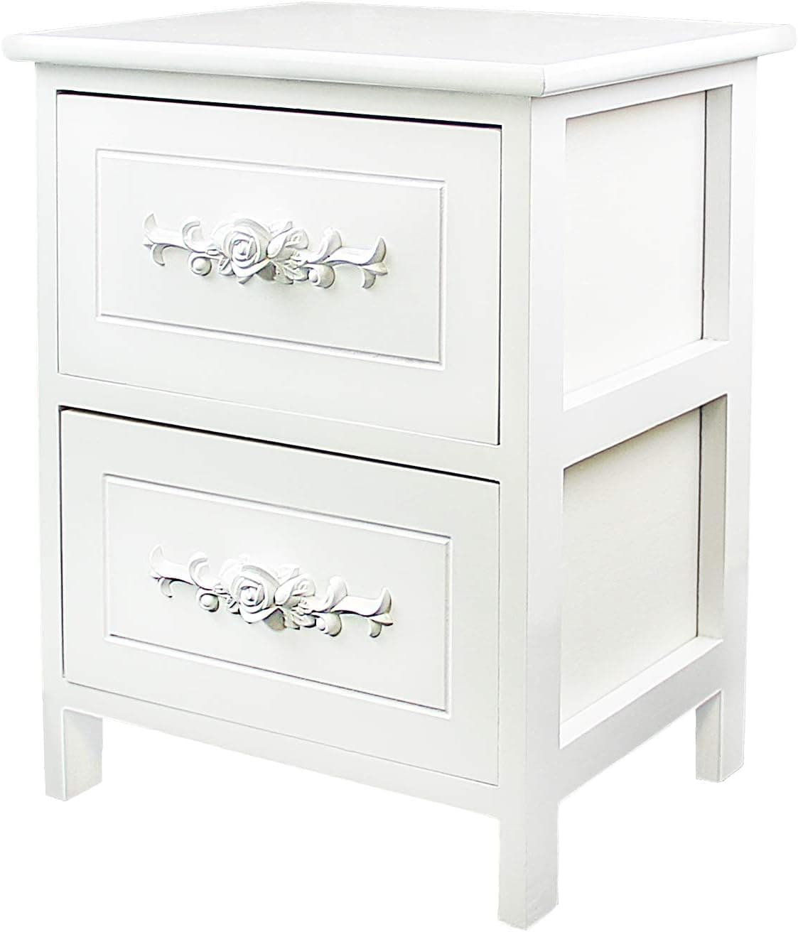 Jerry & Maggie - Nightstand White Classic 2 Tier Curving Flower Pattern Sides Night Stand Storage Bedside Table with 2 Drawer Real Natural Paulownia Wood Ending Table Bedroom Livingroom | 2 Tier
