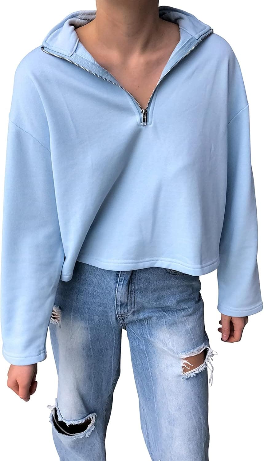 LAVASEON Womens Oversized Half Zip Lapel Sweatshirt Solid Color Casual Long Sleeve Cropped Pullover Top