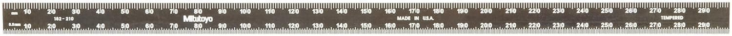 Mitutoyo 182-210, Steel Rule, 300mm ( 1mm, 0.5mm, 1mm, 0.5mm), 1/64" Thick X 12mm Wide, Black Chrome Finish Tempered Stainless Steel