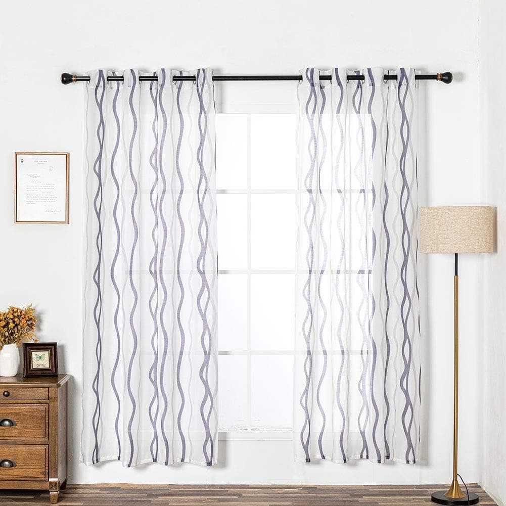 FY Fiber House Semi Sheer Voile Curtains for Living Room and Bedroom with Grommets Top,Soft and Lightweight Window Treatments for Room Decor,Set of 2 Panels,54 by 84-Inch, White/Purple Wave Print