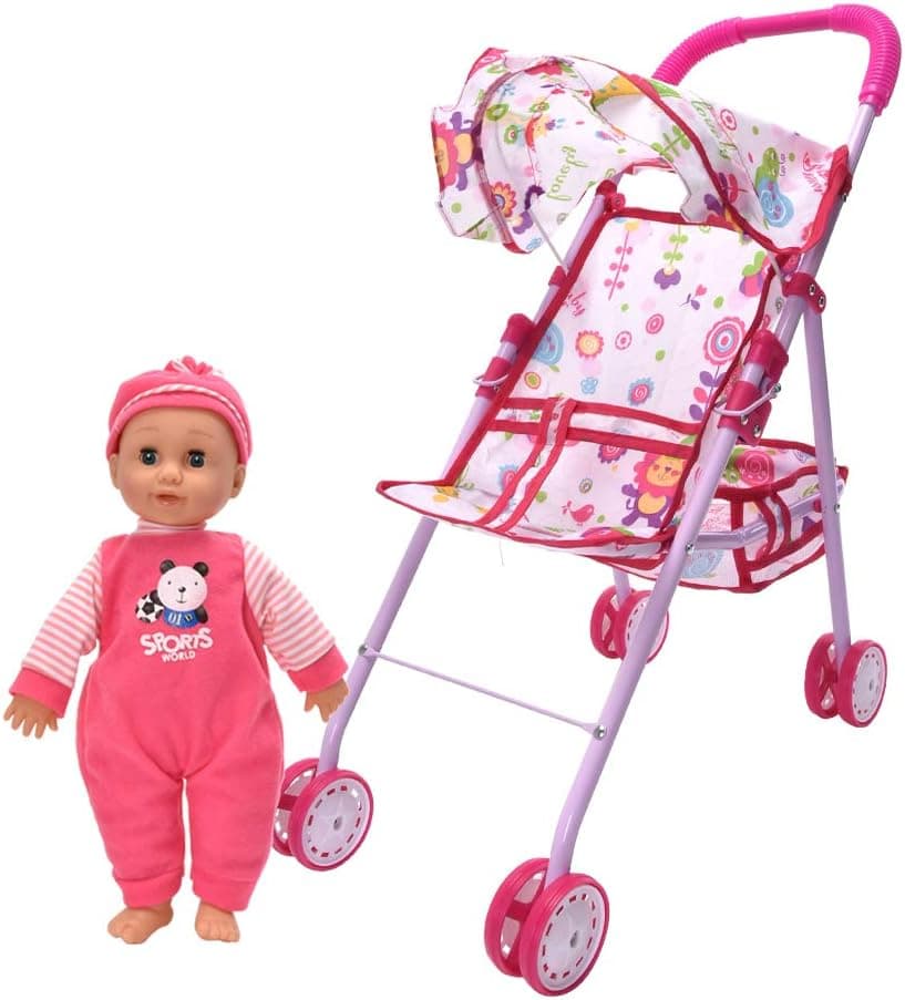 WonderPlay Baby Doll Stroller with Doll, with Basket and Adjustable Hood for Girls Aging 3 Years Old, White