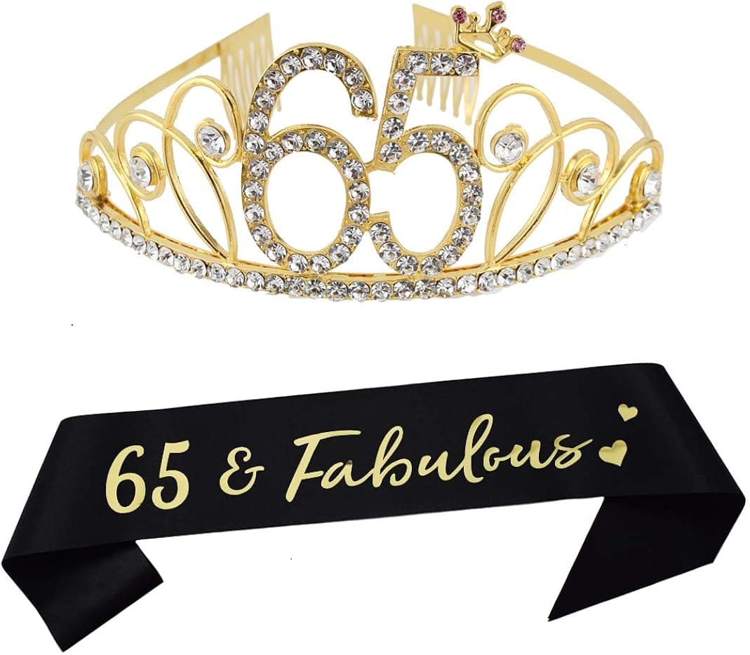 Dgasin 65th Birthday Tiara and Sash Happy 65th Birthday Party Supplies 65 Fabulous Black Glitter Satin Sash and Crystal Tiara Princess Birthday Crown for Women 65th Birthday Party Decorations