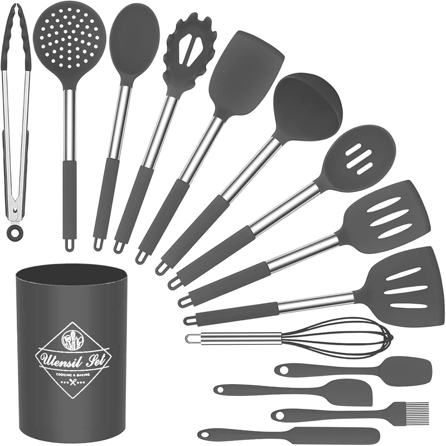 Kitchen Utensils Set, 15 Pcs Silicone Cooking Utensil Set with Stainless Steel Handle, Non-stick Heat Resistant Food Grade Silicone Cookware with Holder, Stylish Kitchen Spatulas Set (Grey)