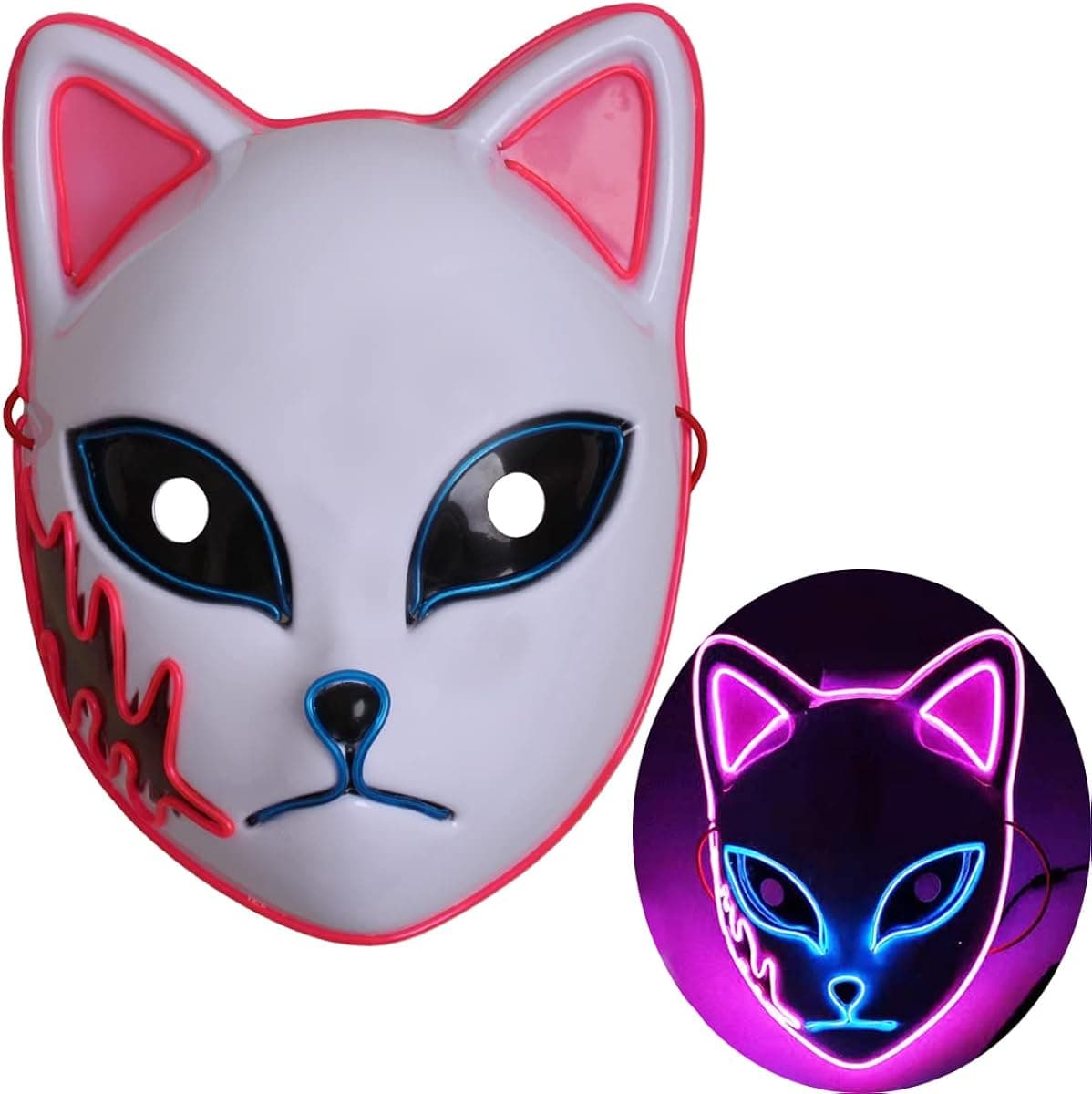 Demon Slayer Mask LED Halloween Mask LED Light Up Glowing Japanese Anime Demon Slayer Cosplay Fox Cat Mask for Halloween