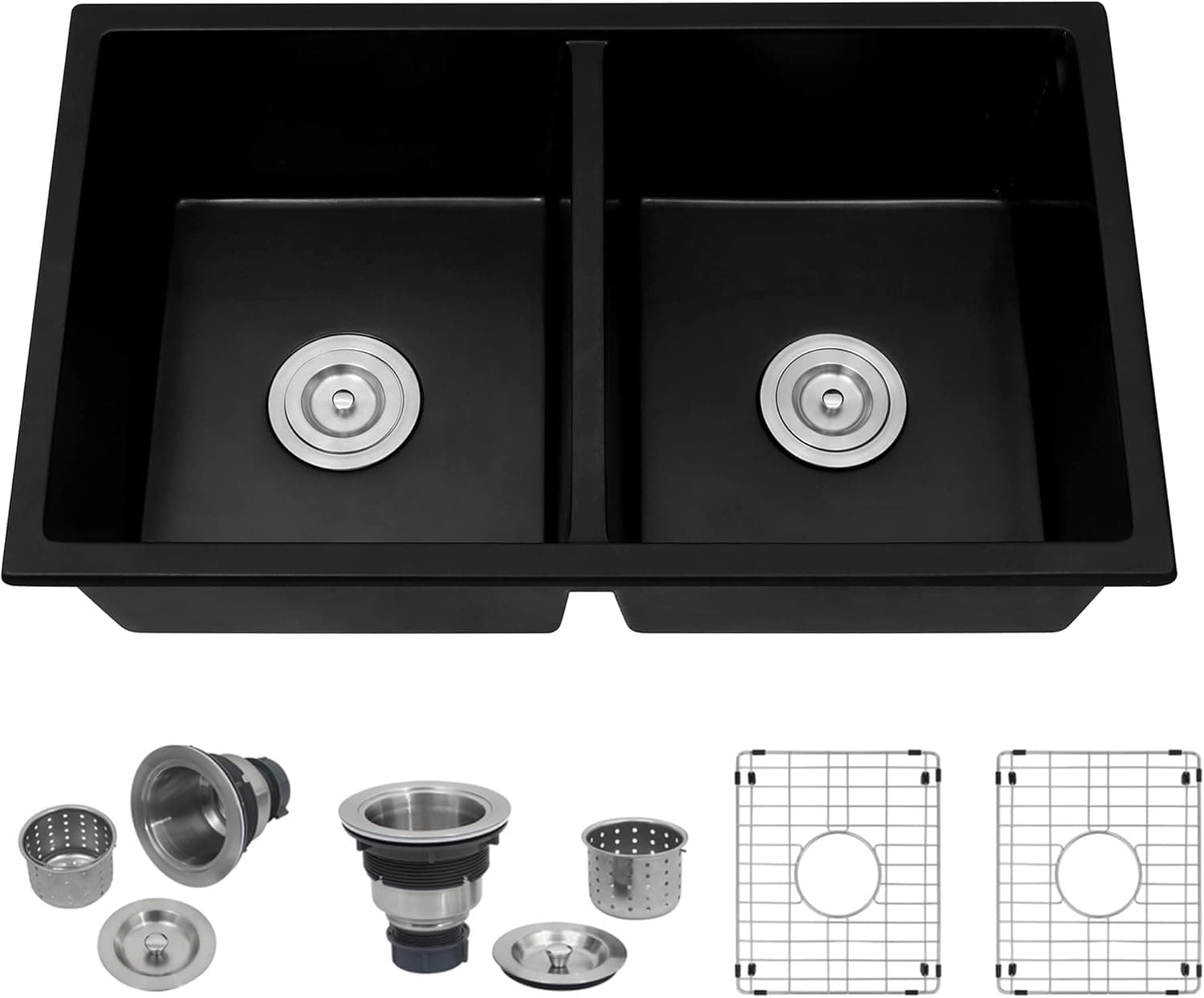MILOSEN Quartz Black Kitchen Sink, Double Bowl Granite Composite Kitchen Sink, Undermount Kitchen Sink 32×18 Inch, 50/50