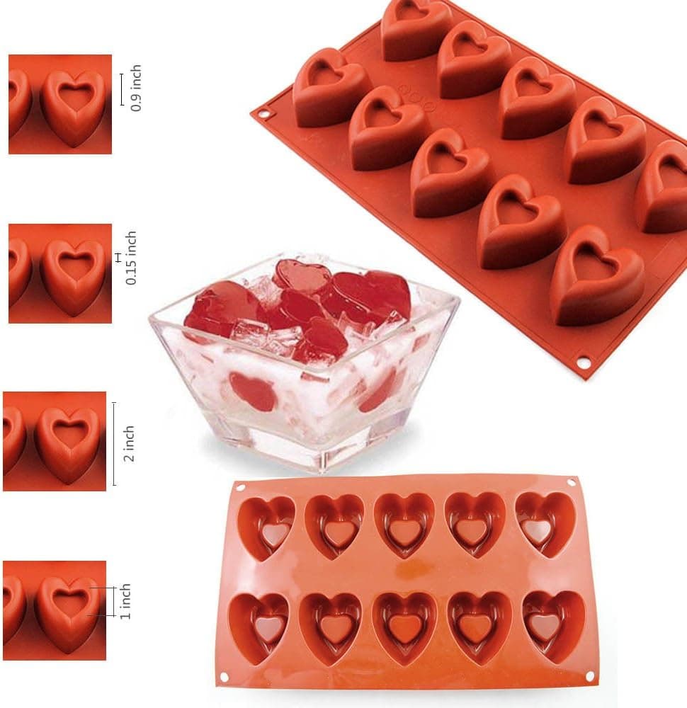 Silicone Mold Rectangle, 10 Cavity Heart Shape Silicone Chocolate Cake Pan Cupcake Liners Soap Candy Mold, Cavity Size 2 inch x 0.9 inch for Making Craft Silicone Mould 1Pcs