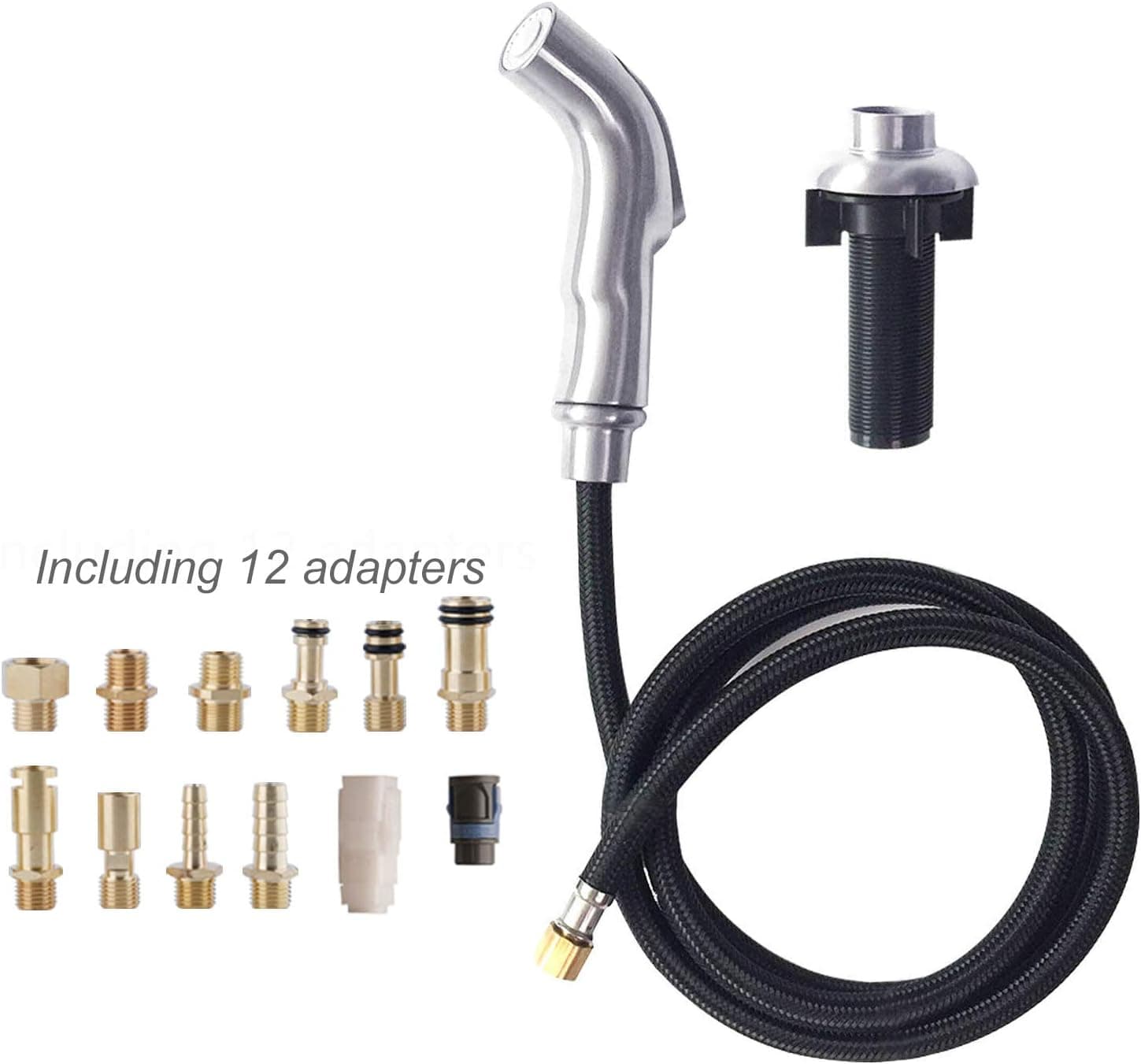 Kitchen Side Sprayer, Kitchen Sink Faucet Spray Head Replacement with Kitchen Sink Faucet Sprayer Hose and Holder, Kitchen Sink Spray head with 12 Brass Adapters Fit Most Kitchen in USA- Chrome