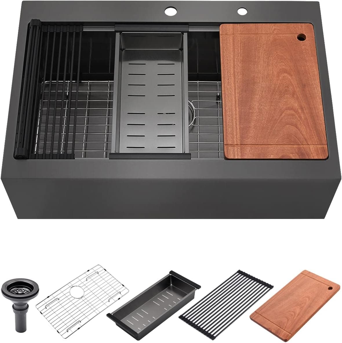 33 Black Drop in Kitchen Farmhouse Sink, Luckyhorse 16 Gauge Black Stainless Steel Workstation Kitchen Sink with Accessories LH010S