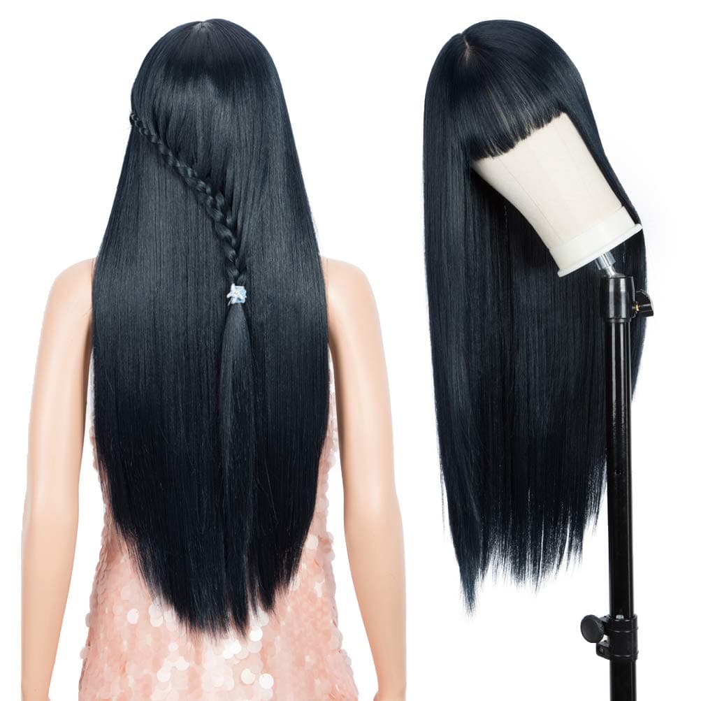 Style Icon Lace Front Wigs Ombre Blue Black Wigs with Bangs 28”Long Straight Synthetic Wig (28 Inches, QT BLUE BLACK3)