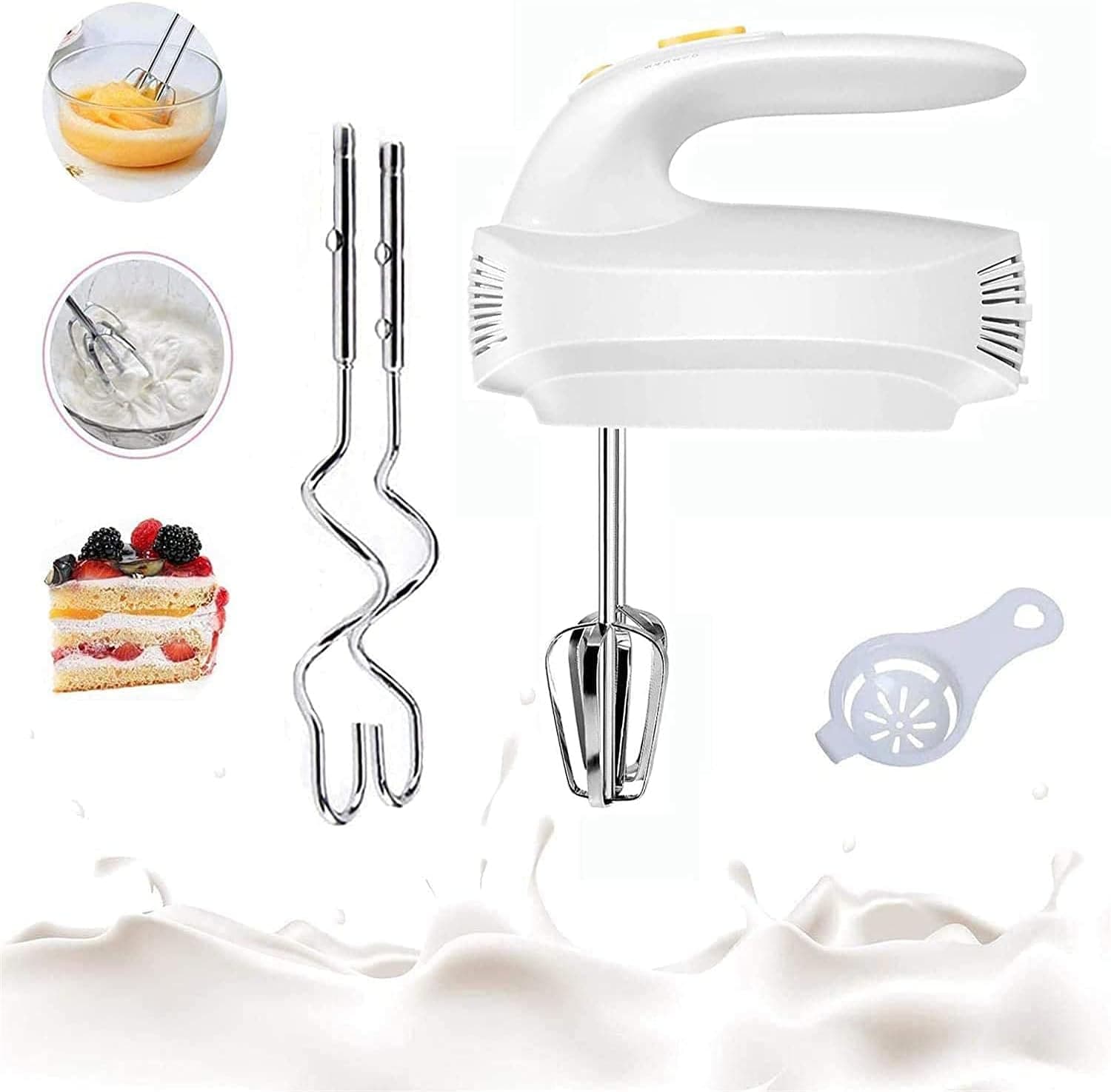 MIGGOING Hand Mixer Electric, 5-Speed Kitchen Handheld Mixer with Turbo Egg Separator, 4 Stainless Steel Accessories for Easy Whipping/Mixing Cookies/Brownies/Cakes White- New