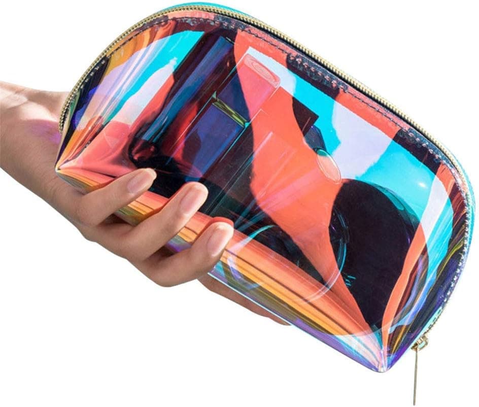 Clear Makeup Bag Transparent Holographic Cosmetic Bag Organizer Travel Hologram Make-up Storage Cases Large Iridescent Clutch Purse Toiletries Pouch Shell Handbag for Women