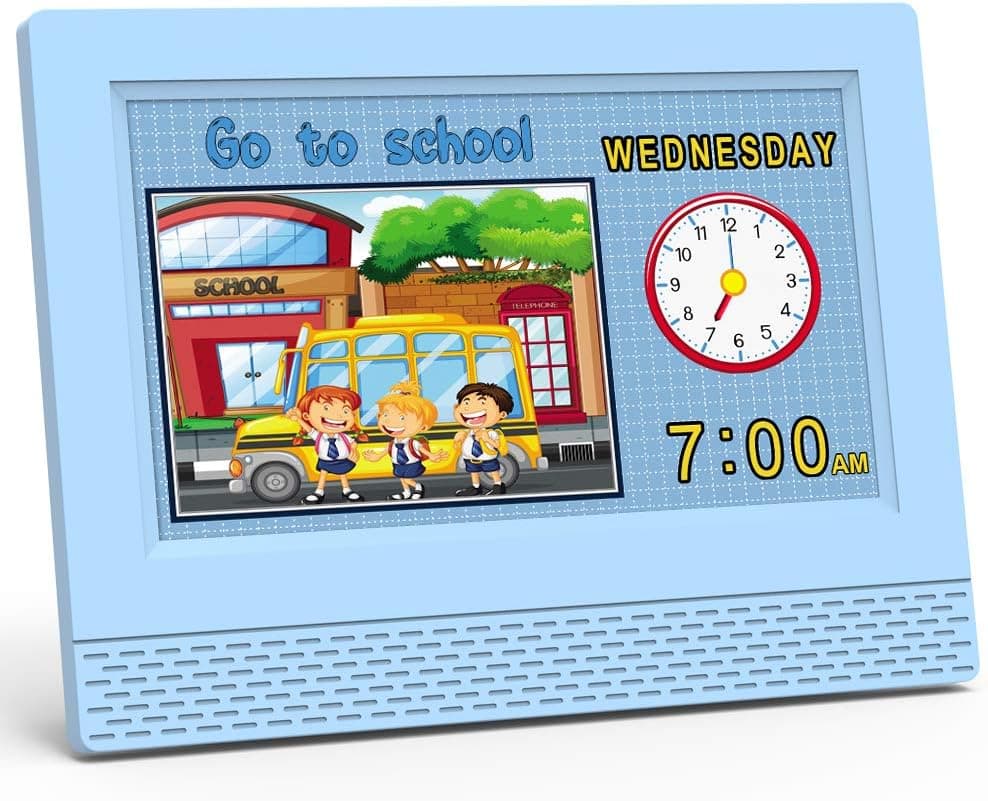 SINOIDEAS Kids Alarm Clock, Smart Children's Sleep Trainer, 7inch Digital Calendar Desk Clock for Children's Gift -Daily Reminder -Human Voice Notice Wake Up, Sleep,Learn,Eat, Play Game (Blue)