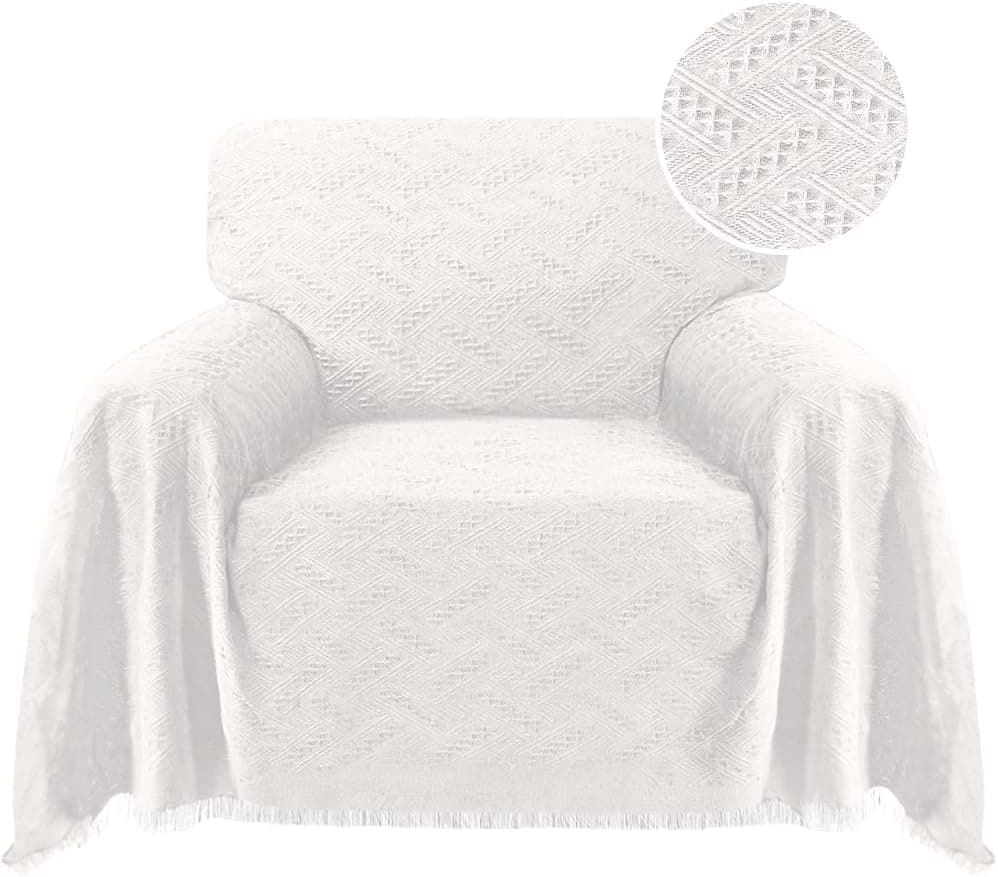 Turquoize Cotton Sofa Cover Couch Cover White Couch Protector Sofa Throw Cover for Couches Washable Sectional Sofa Couch Covers for Dogs Feature Geometrical Woven Jacquard Fabric(71"x91",Chair,White)