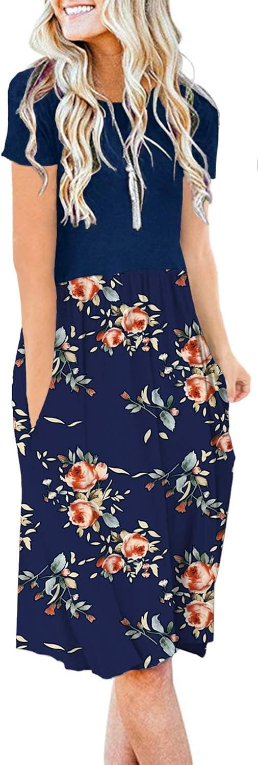 AUSELILY Women's Short Sleeve Pockets Empire Waist Loose Swing Casual Flare Print Floral Pleated Dress (M, H Navy Rose Navy)