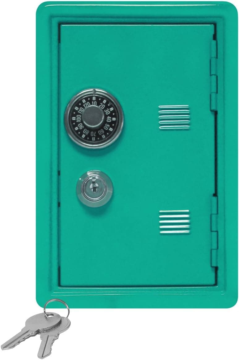 Kid's Coin Bank Locker Safe with Single Digit Combination Lock and Key - 7” High x 4” x 3.9” Teal