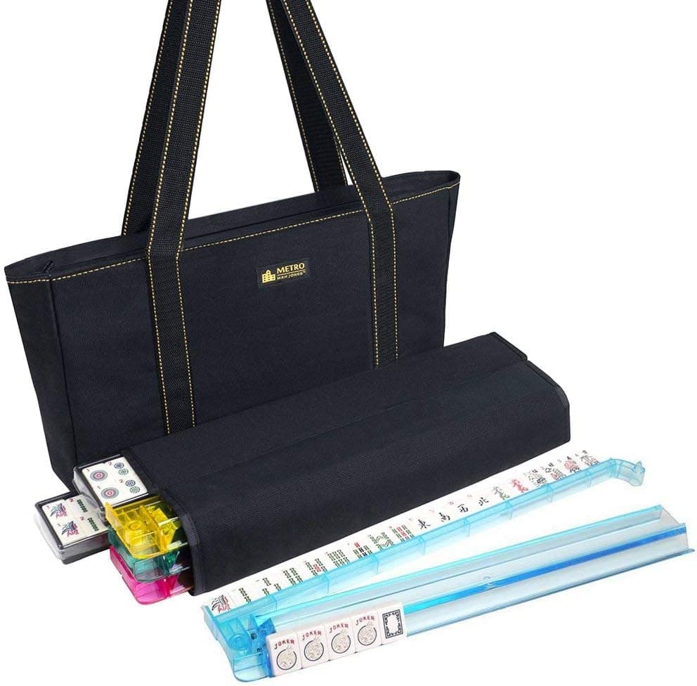 American Mah Jongg Set - 166 Premium Ivory Tiles, 4 All-in-One Rack/Pushers, Black Canvas Bag