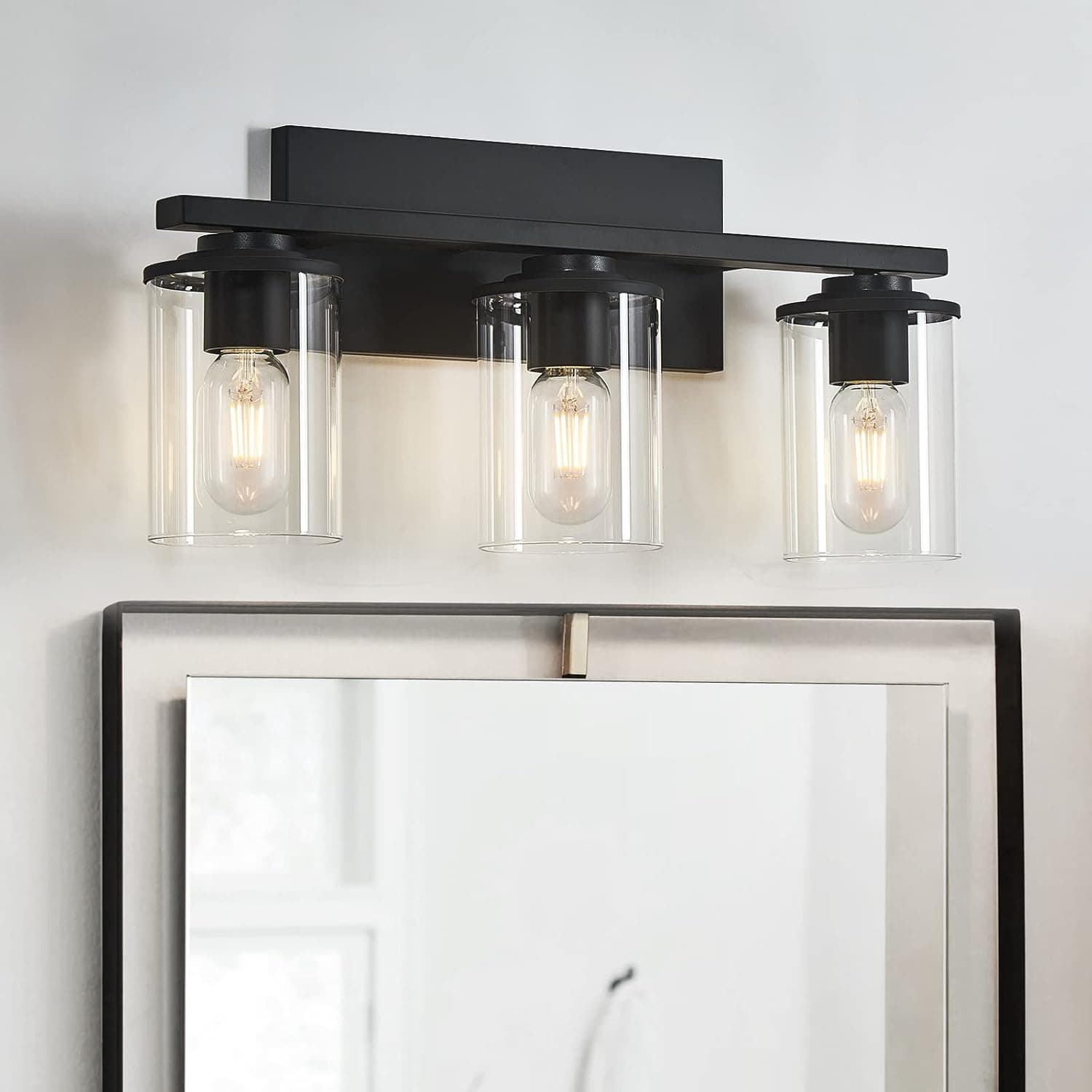 SADENICEL 3 Light Bathroom Light Fixtures, Modern Black Wall Sconce Vanity Light Fixtures with Clear Shade for Bathroom Kitchen Bedroom Lighting