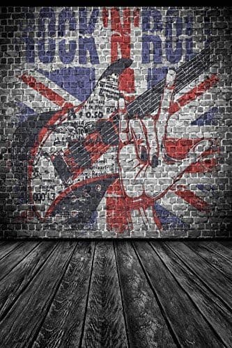AOFOTO 5x7ft Rock Music Guitar Graffiti Brick Wall Photography Studio Backdrop Old Wood Floor Photo Shoot Background Nostalgia Scene Video Props Fashion Youngster Boy Band Girl Adult Artistic Portrait
