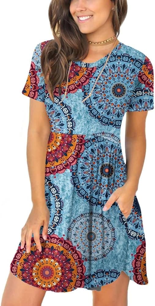 LONGYUAN Women's 2023 Summer Short Sleeve Casual Dresses Hide Belly Fat Loose Fit Sundress with Pockets
