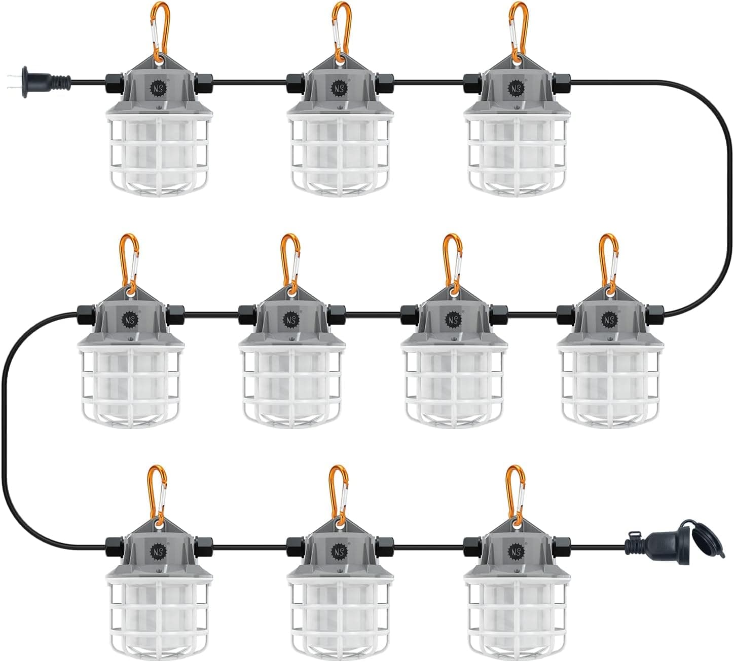 NS 100ft LED Construction String Lights, 150W 15000lm LED String Work Lights, Temporary Work Lights Linkable Industrial String Work Lights with Hook for Jiobsite, Outdoor Lighting (10)