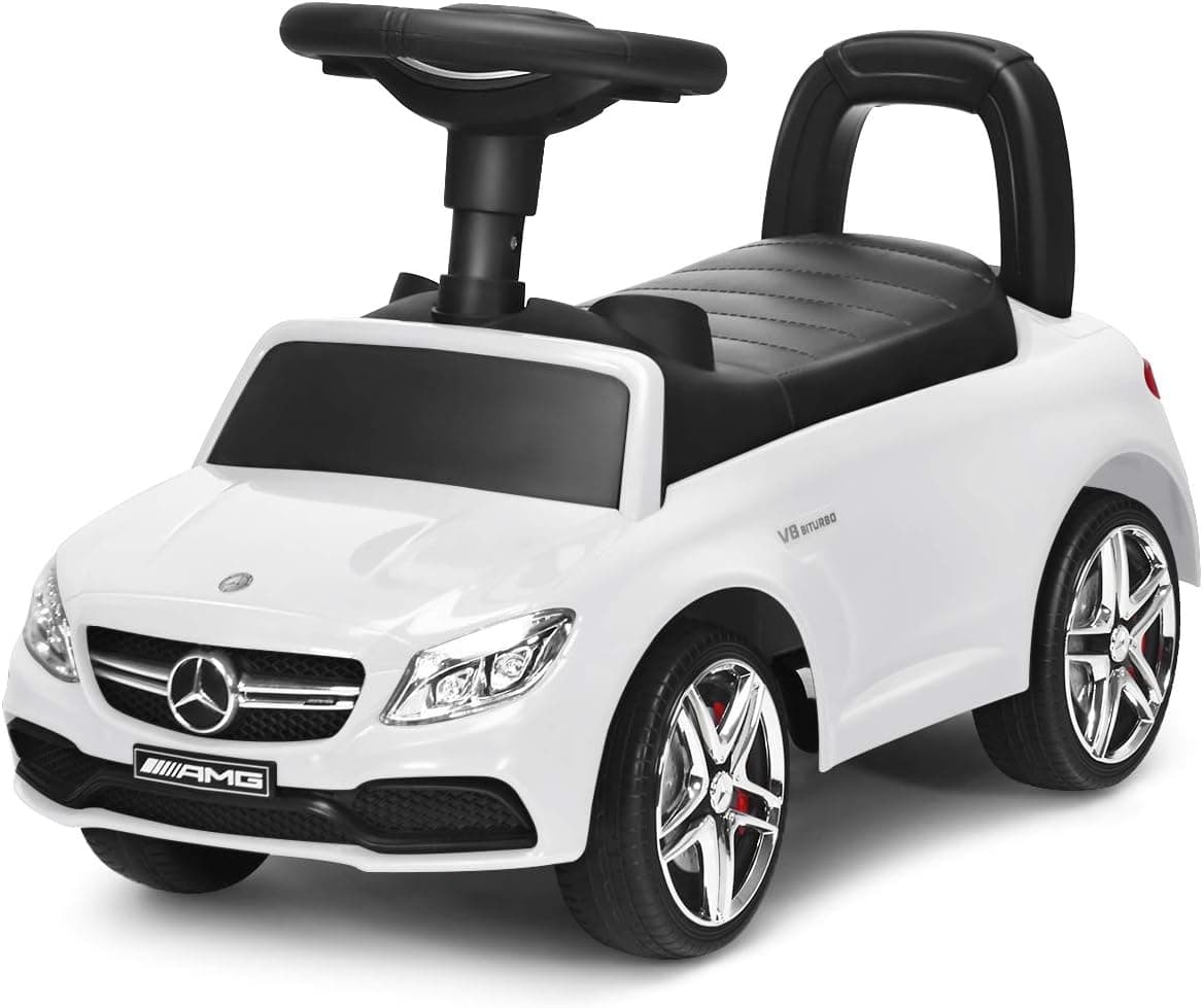 Costzon Kids Push and Ride Racer, Licensed Mercedes Benz Ride On Push Car w/Horn Music, Under Seat Storage, Foot-to-Floor Sliding Car Pushing Cart for Toddler, Gift Toy for Children Boys Girls (White)