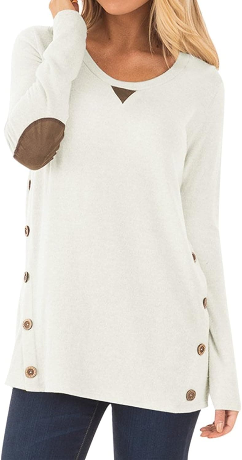 DEARCASE Women's Casual Long Sleeve Faux Suede Loose Tunic Button Blouses Shirt Tops