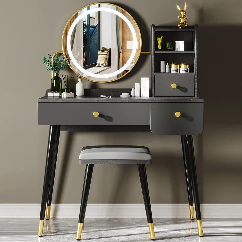 Redsun Vanity Table Set with 3 Color Touch Screen Dimming Mirror,Makeup Dressing Table with 3 Sliding Drawers and Cushioned Stool,Dresser Desk for Women/Girls (Iron Grey, 15.7Wx35.4L)…
