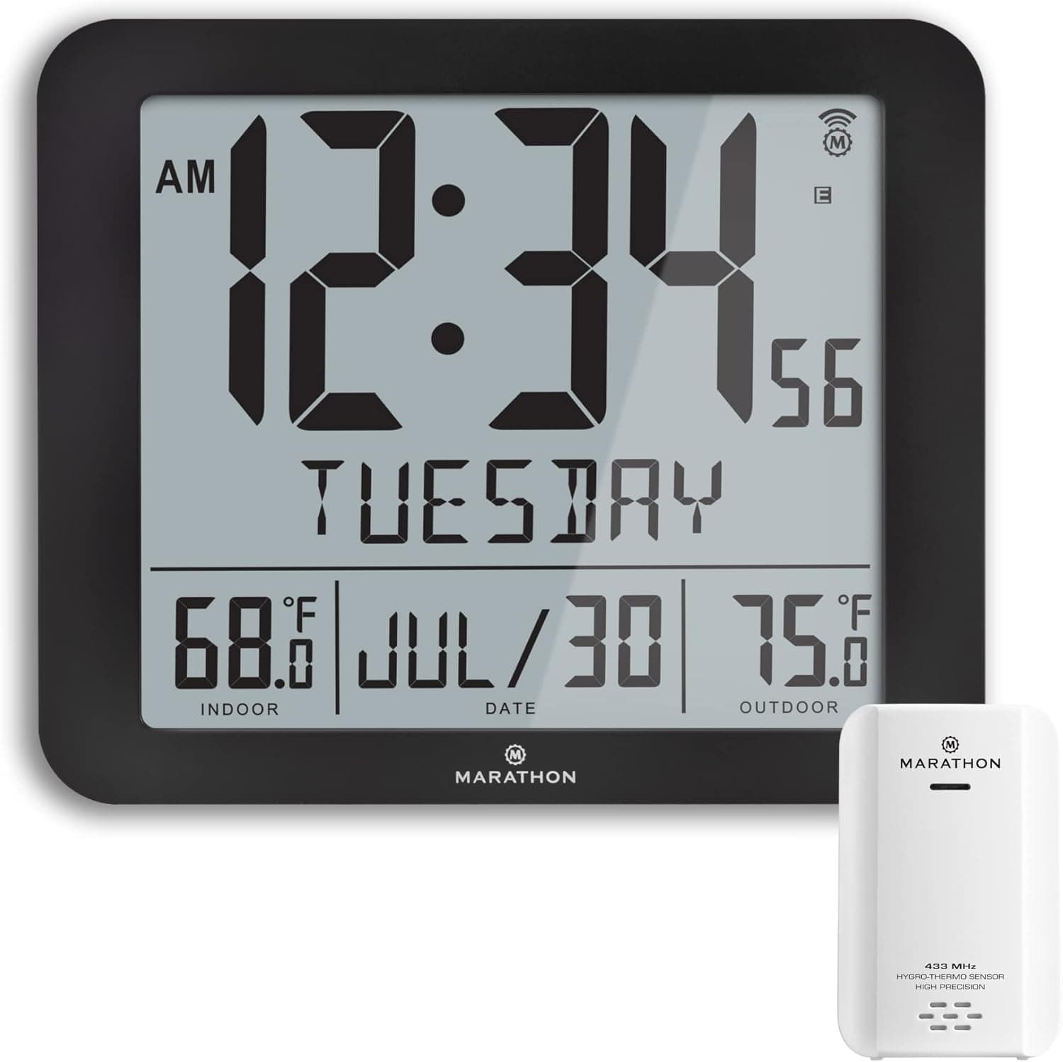 Marathon Slim Atomic Wall Clock, Black - Large 10-Inch Full Calendar Display with Indoor/Outdoor Temperature. AM/PM or 24-Hour Format, 7 Time Zones - Four AA Batteries Included