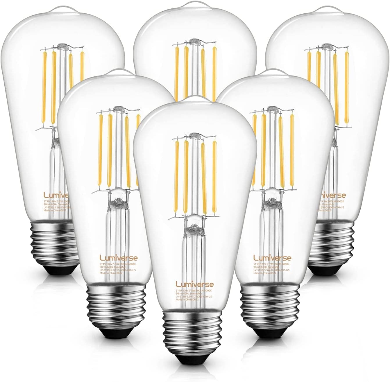 Lumiverse Vintage LED Edison Bulbs 5.5W, 60W Equivalent, 4000K Cool White, Dimmable Antique Style ST19/ST58 LED Light Filament Bulbs, CRI 90+, E26 Base, 6 Packs