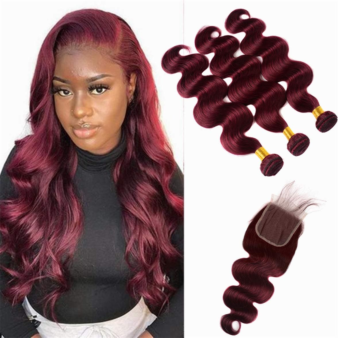 99j Burgundy Bundles Body Wave 3 Bundles with 4X4 Lace Closure Brazilian Virgin Remy Human Hair Extension with Baby Hair (20 22 24 with 20c, 99J/Burgundy)