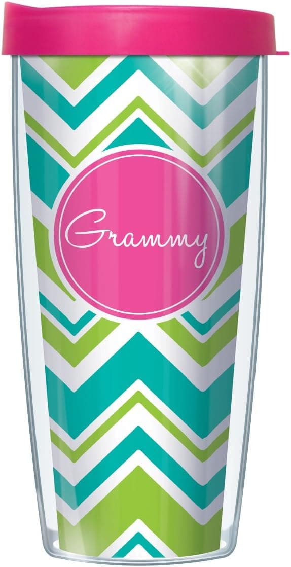 Signature Tumblers Grammy Hot Pink Insignia Wrap on Teal and Lime Chevron 16 Ounce Double-Walled Travel Tumbler Mug with Hot Pink Easy Sip Lid