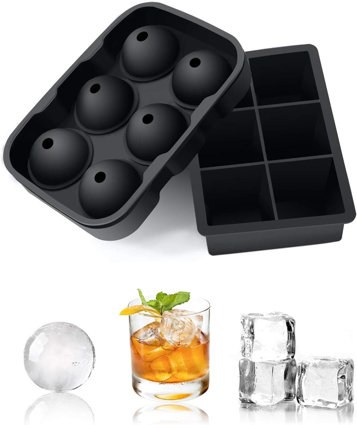 Ice Cube Trays Large, Set of 2 Silicone Ice Cube Tray, Round Ice Ball, Big Ice Cubes Molds for Whiskey Reusable and BPA Free