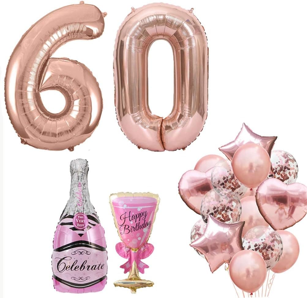 30th 50th 60th Foil Balloon and Confetti Latex Mylar Number Balloons Banner Set Birthday Anniversary Party Decorations (60 Rose Gold)