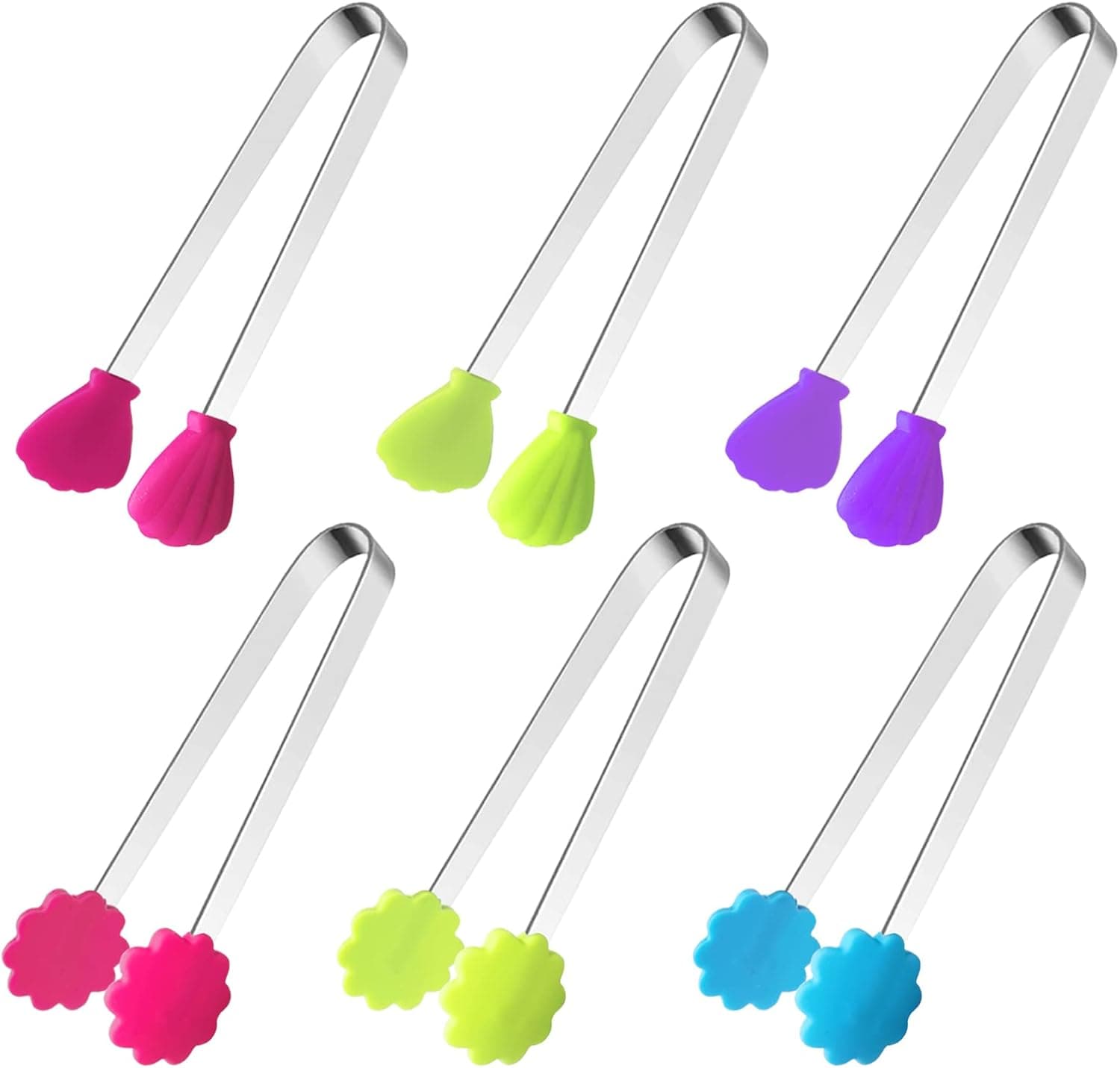 6PCS Silicone Mini Tongs, 5Inch Hand Shape Food Tongs, Colourful Small Kids Kitchen Tongs for Serving Food, Ice Cube, fruits, Sugar, Barbecue by Sunenlyst (Flower sharp)