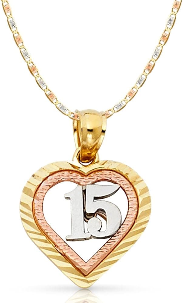 Ioka 14K Tri Color Gold Sweet 15 Years Quinceanera Heart Charm Pendant with 1.5mm Valentino Chain Necklace