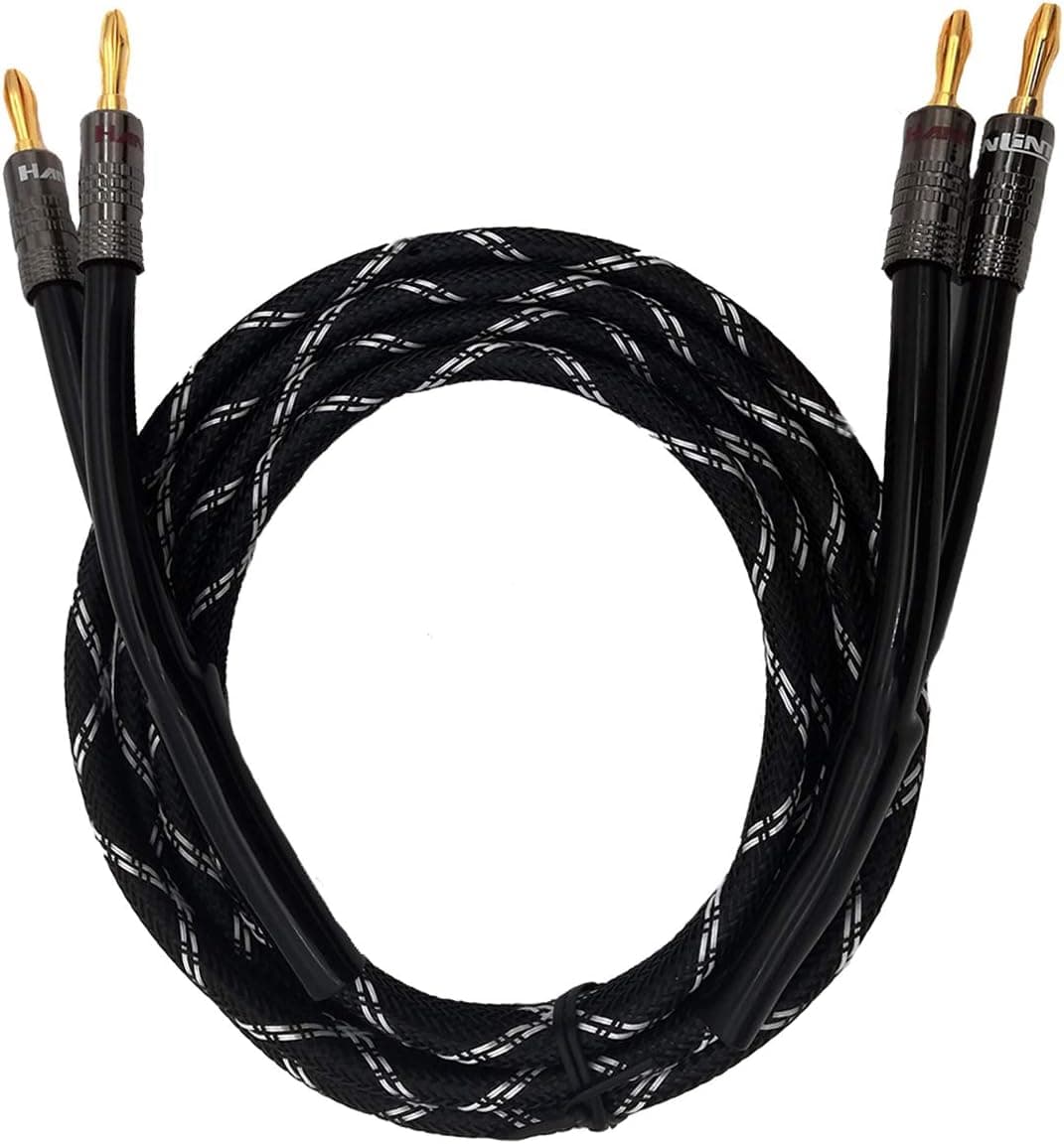HannLinte 12AWG Speaker Cable Wire (6 Feet), Premium Heavy Duty Braided Speaker Cable with Dual Gold Plated Banana Plug, OFC (Black)