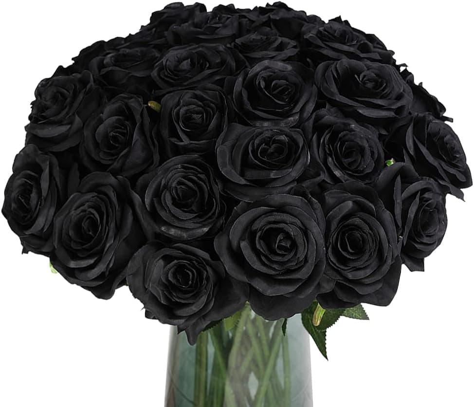 Veryhome Halloween Black Artificial Flowers Silk Black Roses Real Touch Bridal Wedding Bouquet for Home Garden Party Floral Decor 10 Pcs (Black)