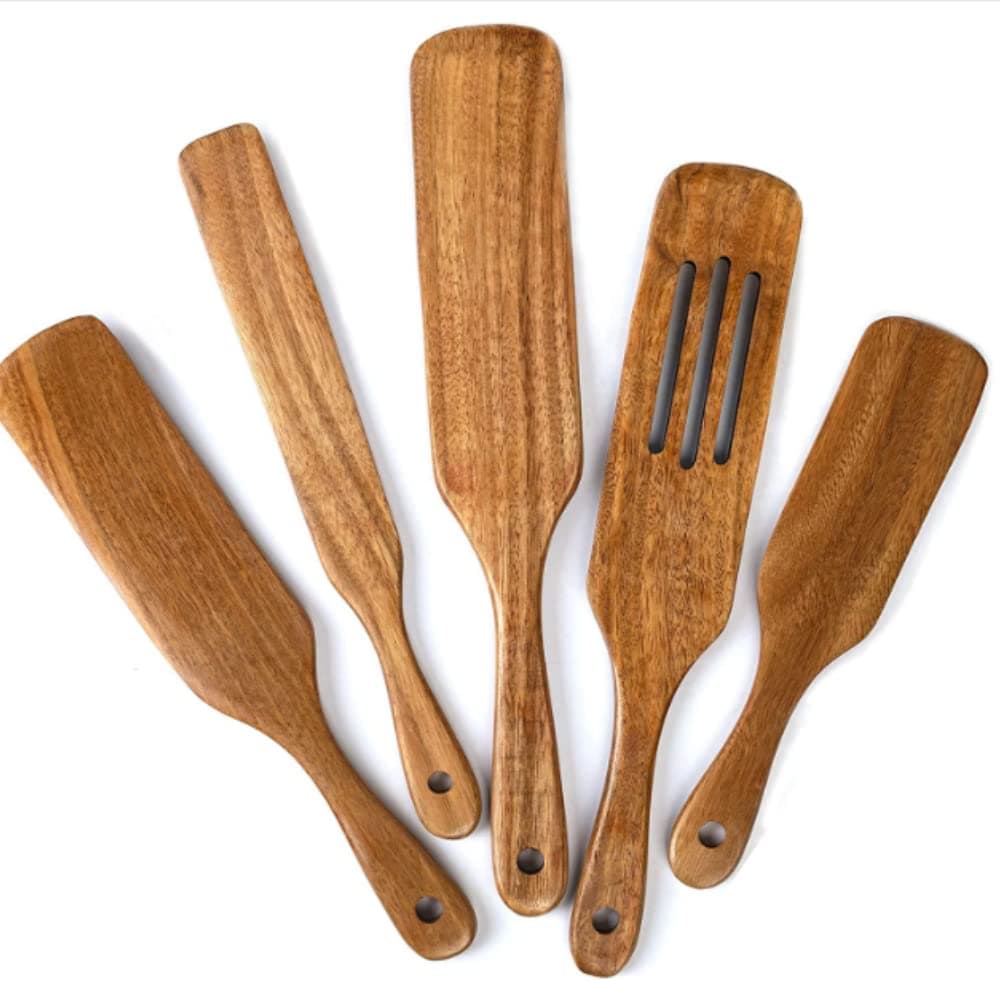 Kitchen Tools Wooden Spurtles, As Seen on TV 5pcs Set Natural Cooking-Teak Spurtles Cooking Utensils, Non-Stick Wooden Cookware, Heat Resistant, Slotted Spurtles for Stirring, Scooping and Mixing
