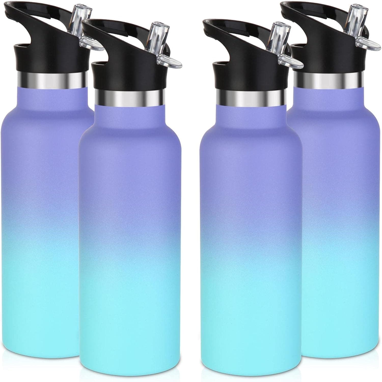 Volhoply 17oz Insulated Water Bottle Bulk 4 Pack,Stainless Steel Kids Water Bottles with Straw Lid,Double Wall Vacuum Metal Thermos Water Bottle,Reusable Sports Flask Keep Cold(Purple Blue,4 Set)