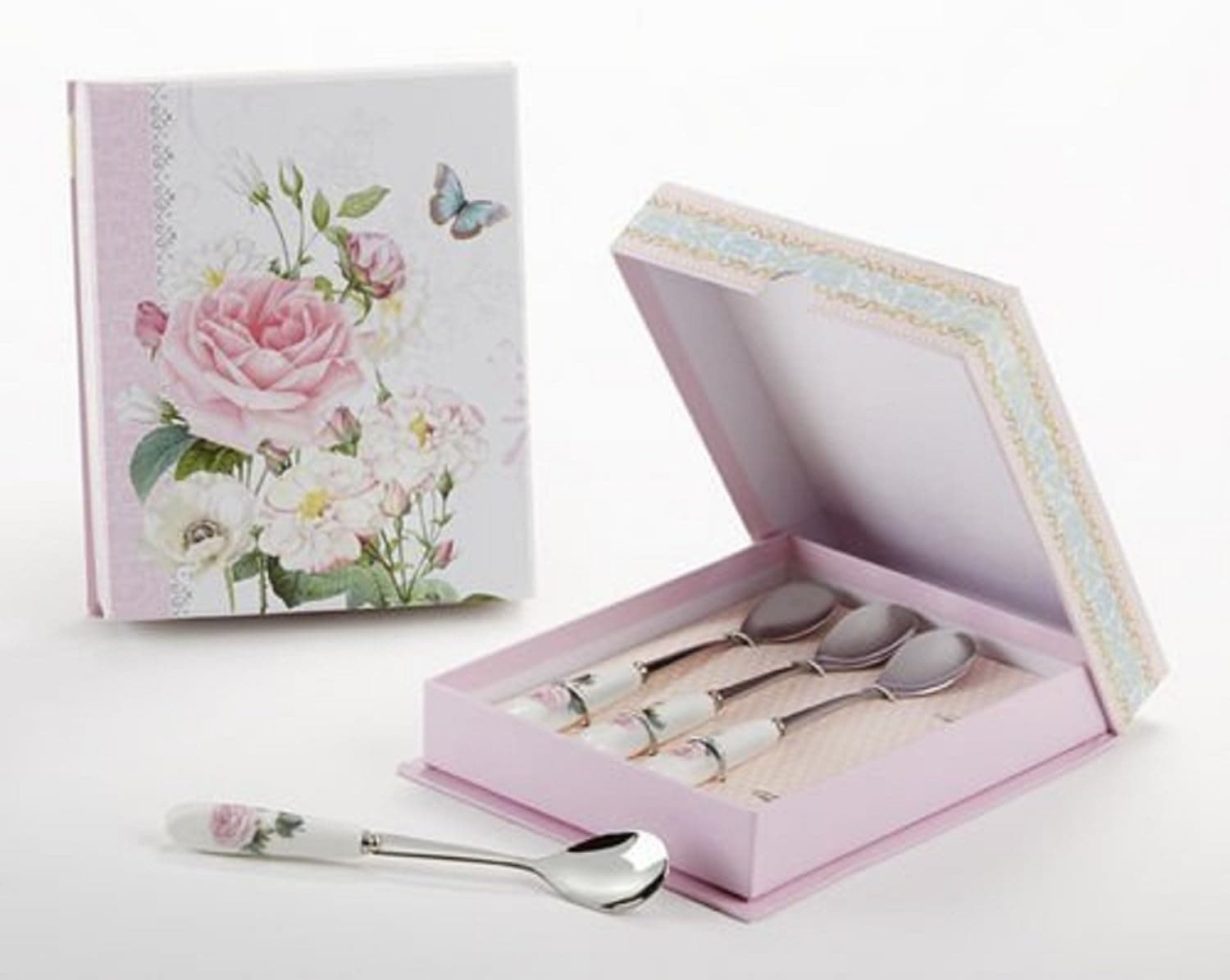 Delton Products Demitasse Spoon Set with Pink Rose Porcelain Handle (4 Piece), 6.7
