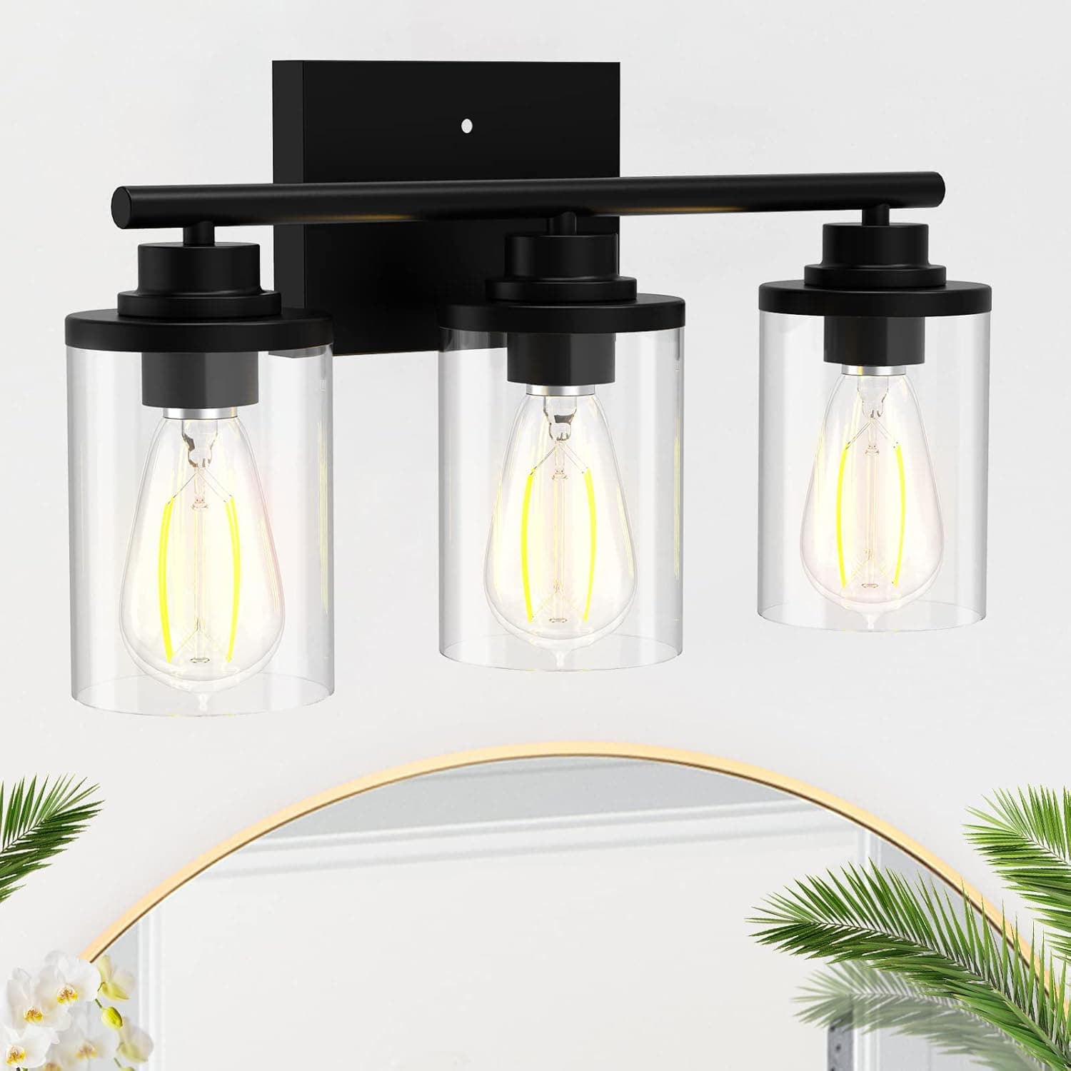 Dchyyds 3 Light Bathroom Vanity Light, Modern Black Bathroom Light Fixtures with Clear Glass Shade, Vanity Lights Sconces Wall Lighting for Mirror, Bathroom, Living Room, Hallway