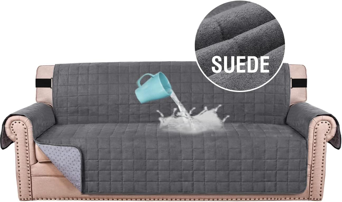 H.VERSAILTEX 100% Waterproof Sofa Furniture Cover Suede Couch Covers for Dogs Velvet Sofa Protector Leather Sofa Cover Seat Width 70" Sofa Slipcovers with 2" Strap and Non-Slip Backing (Sofa, Grey)