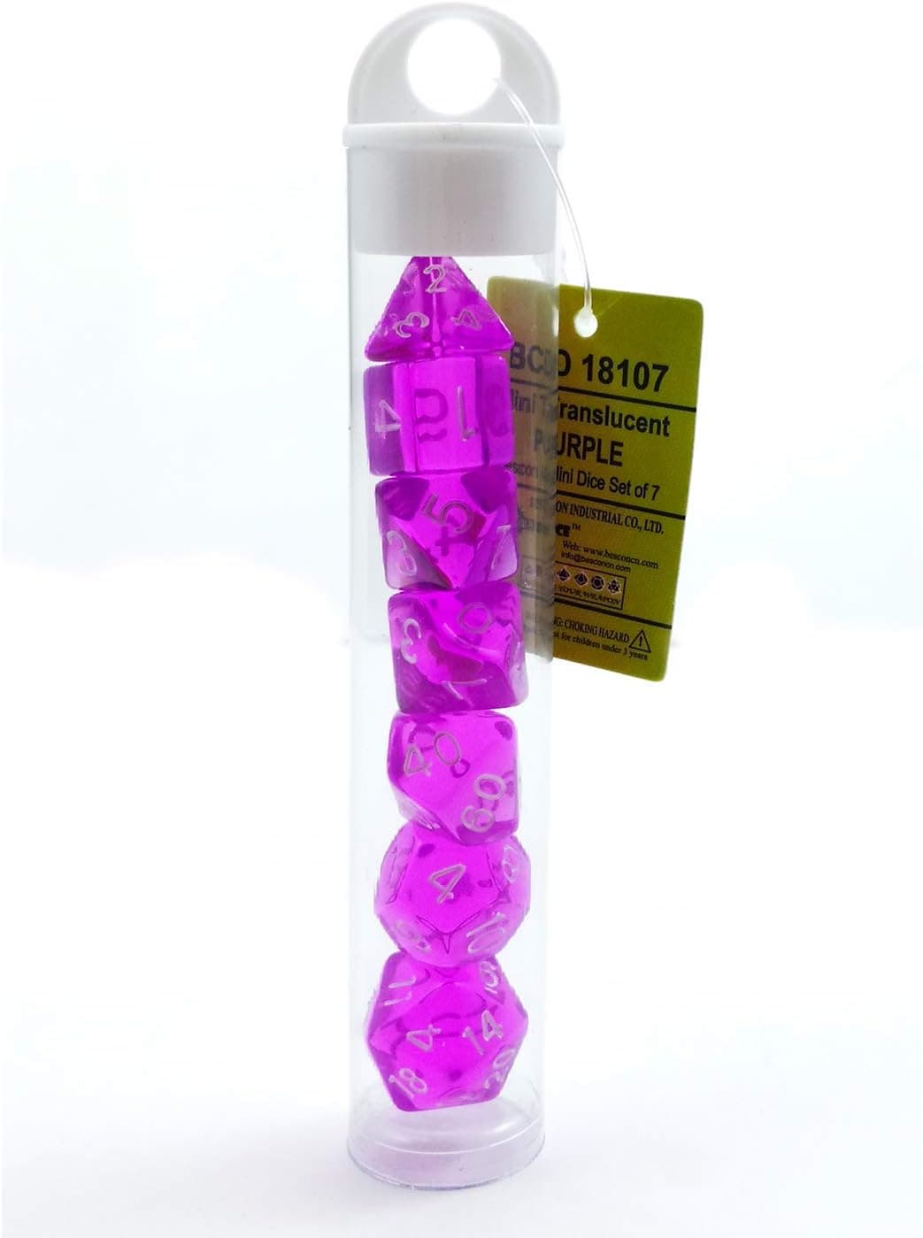 Bescon Mini Translucent Polyhedral RPG Dice Set 10MM, Small RPG Role Playing Game Dice Set D4-D20 in Tube, Transparent Purple