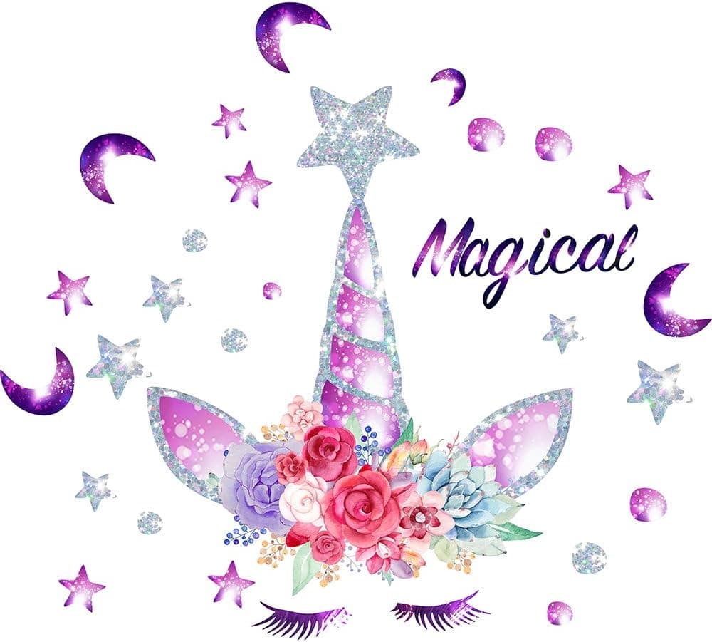 Easma Unicorn Wall Decals Girls Bedroom Wall Decor Floral Wall Decals and Stars&Moons-15.8X15.8in