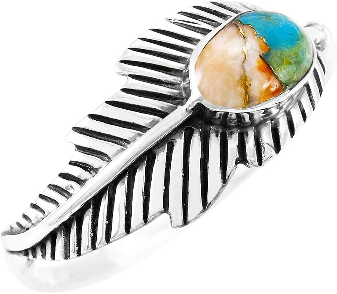 Feather Turquoise Ring Sterling Silver 925 Genuine Gemstones Size 6 to 11
