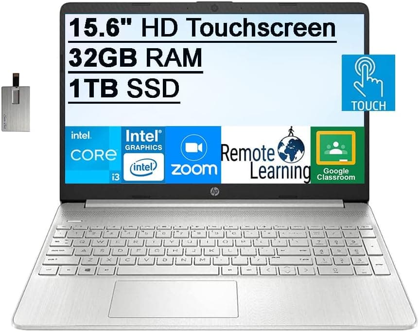 HP 2022 15.6" HD Touchscreen Laptop Computer, 10th Gen Intel Core i3-1005G1, 32GB RAM, 1TB SSD, Intel UHD Graphics 620, HD Audio, HD Webcam, USB-C, Bluetooth, Win 10, Silver, 32GB SnowBell USB Card